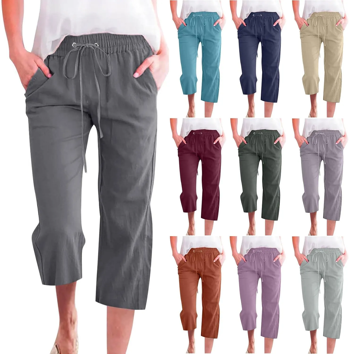 Linen Capris for Women 2024 Summer Drawstring Elastic Waist Capri Pants Wide Leg Cropped Beach Trousers with Pockets