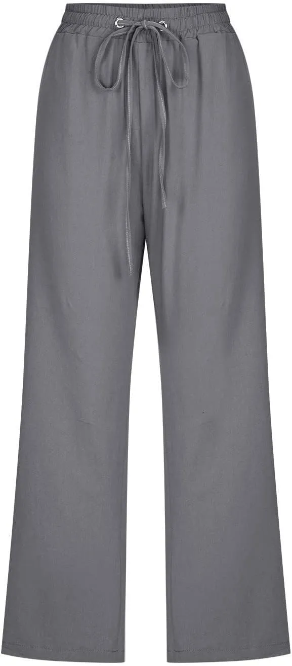 Linen Capris for Women 2024 Summer Drawstring Elastic Waist Capri Pants Wide Leg Cropped Beach Trousers with Pockets