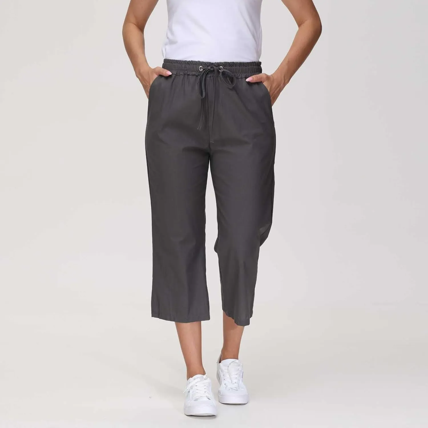 Linen Capris for Women 2024 Summer Drawstring Elastic Waist Capri Pants Wide Leg Cropped Beach Trousers with Pockets