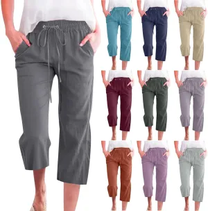 Linen Capris for Women 2024 Summer Drawstring Elastic Waist Capri Pants Wide Leg Cropped Beach Trousers with Pockets