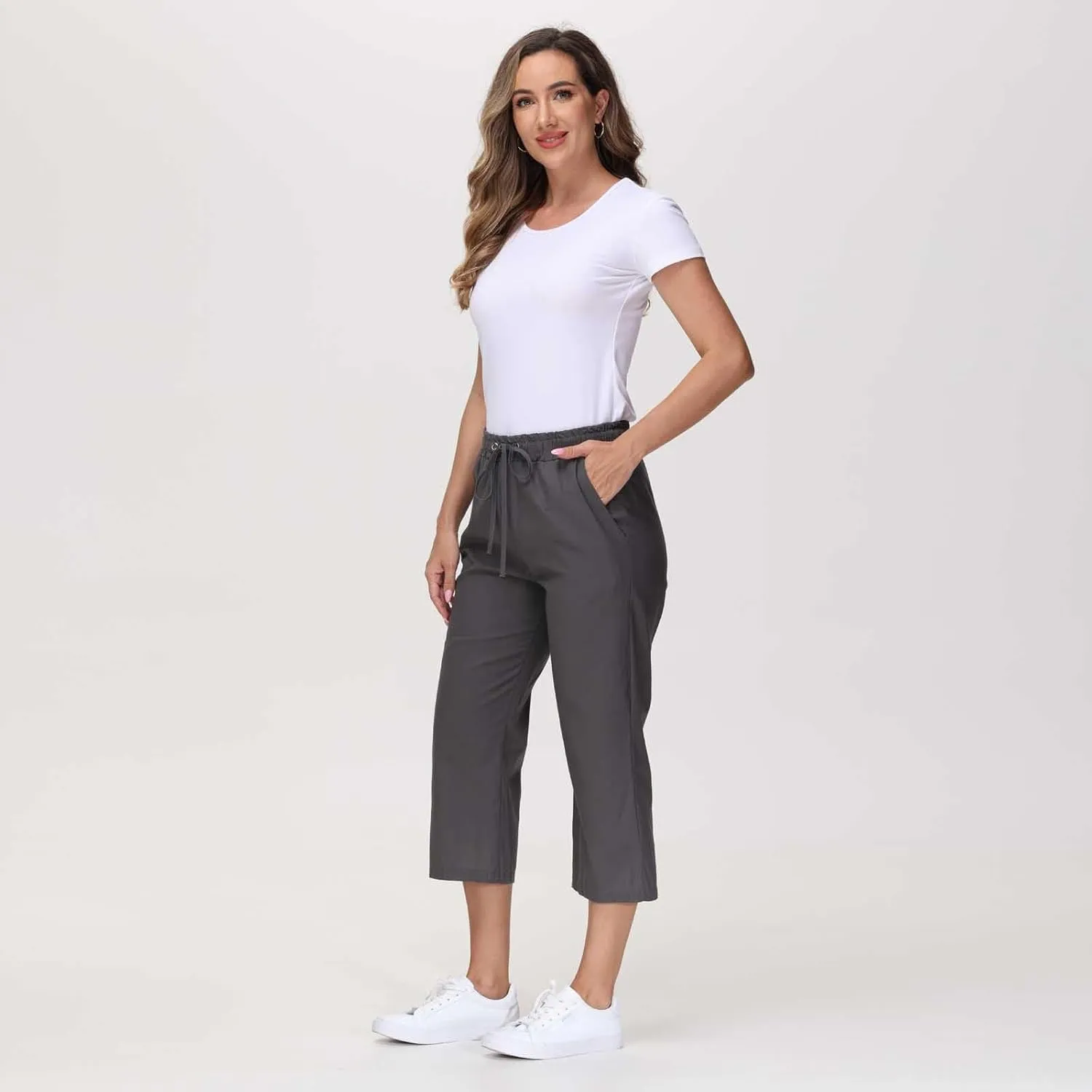 Linen Capris for Women 2024 Summer Drawstring Elastic Waist Capri Pants Wide Leg Cropped Beach Trousers with Pockets
