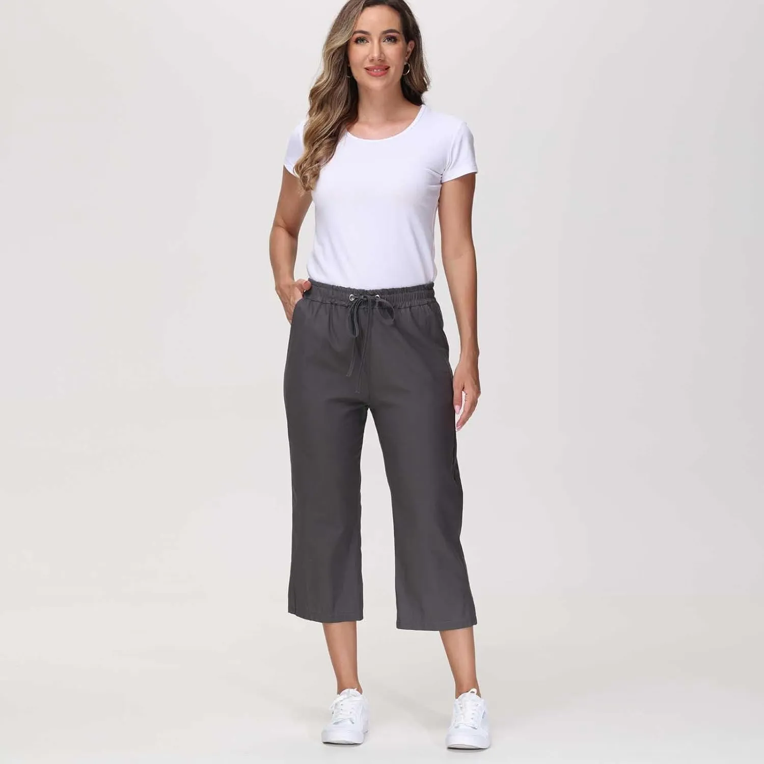 Linen Capris for Women 2024 Summer Drawstring Elastic Waist Capri Pants Wide Leg Cropped Beach Trousers with Pockets