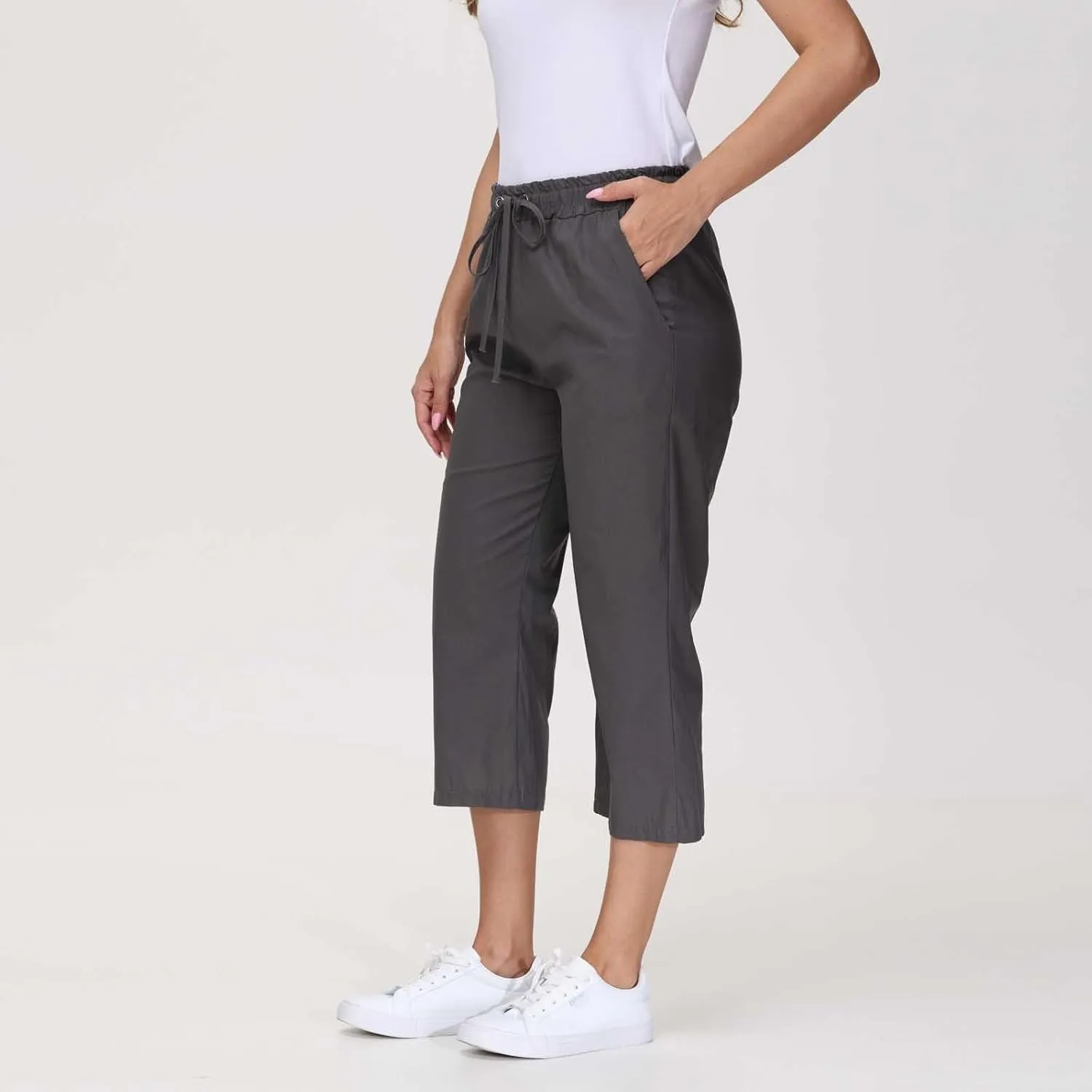 Linen Capris for Women 2024 Summer Drawstring Elastic Waist Capri Pants Wide Leg Cropped Beach Trousers with Pockets