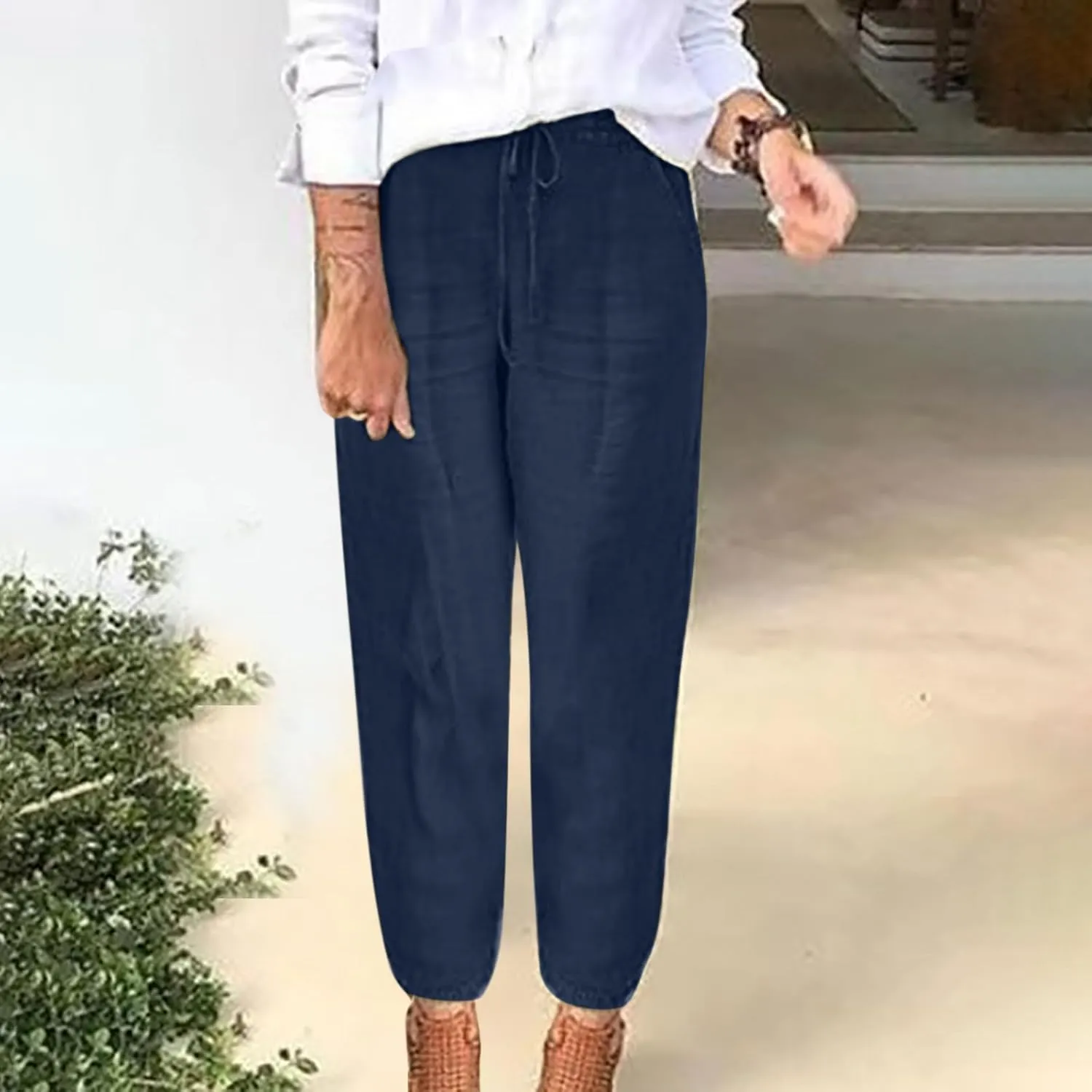 Linen Cropped Pants for Women Summer Elastic Waist Straight Leg Pants Plus Size Casual Beach Trousers