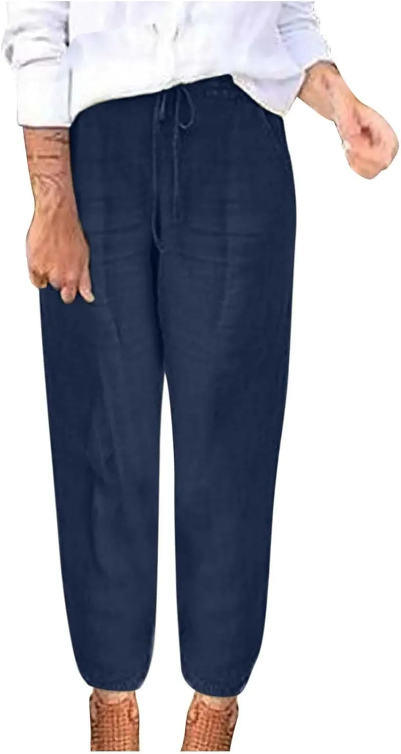 Linen Cropped Pants for Women Summer Elastic Waist Straight Leg Pants Plus Size Casual Beach Trousers