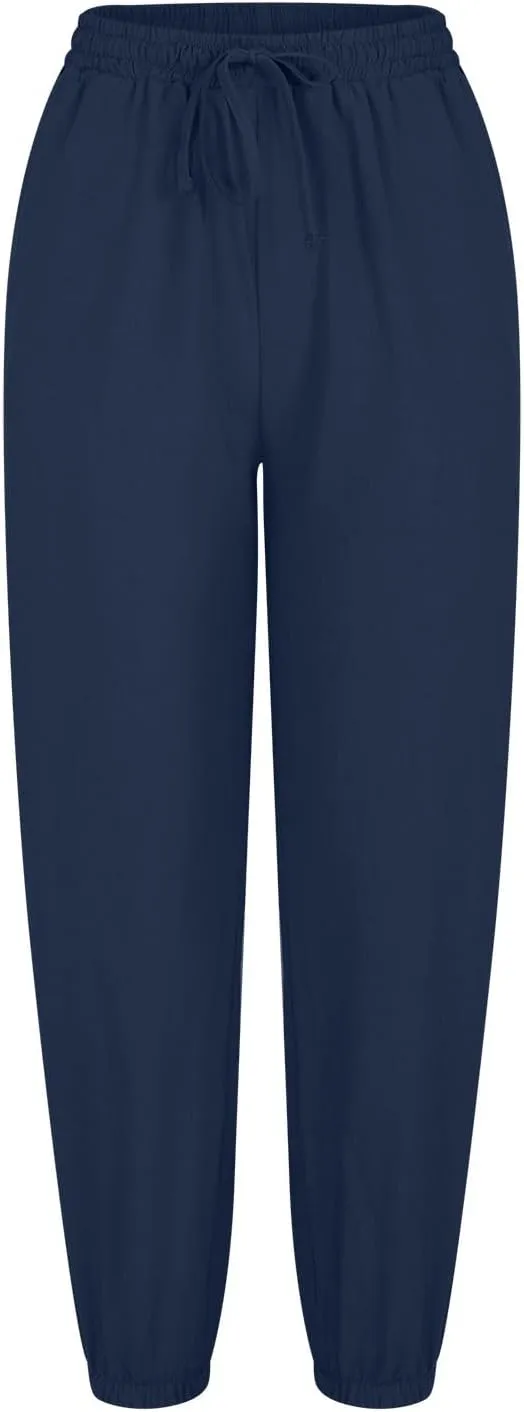 Linen Cropped Pants for Women Summer Elastic Waist Straight Leg Pants Plus Size Casual Beach Trousers