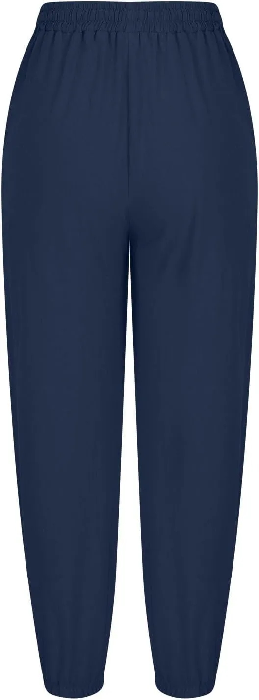 Linen Cropped Pants for Women Summer Elastic Waist Straight Leg Pants Plus Size Casual Beach Trousers