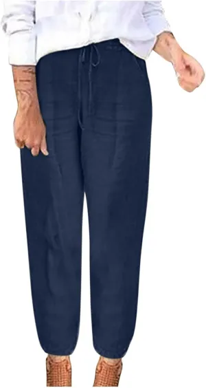 Linen Cropped Pants for Women Summer Elastic Waist Straight Leg Pants Plus Size Casual Beach Trousers