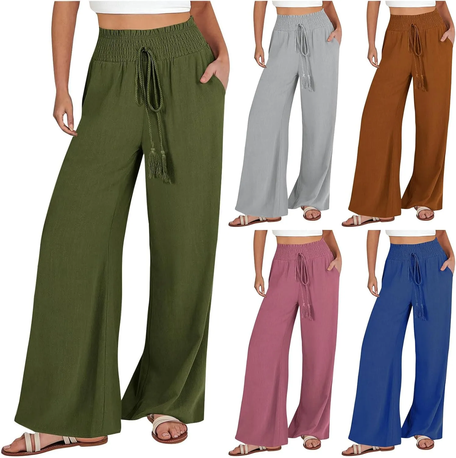 Linen Drawstring Pants for Women High Waist Wide Leg Pant Comfy Flowy Lounge Trousers 2025 Summer Casual Baech Pants