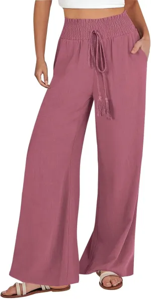 Linen Drawstring Pants for Women High Waist Wide Leg Pant Comfy Flowy Lounge Trousers 2025 Summer Casual Baech Pants