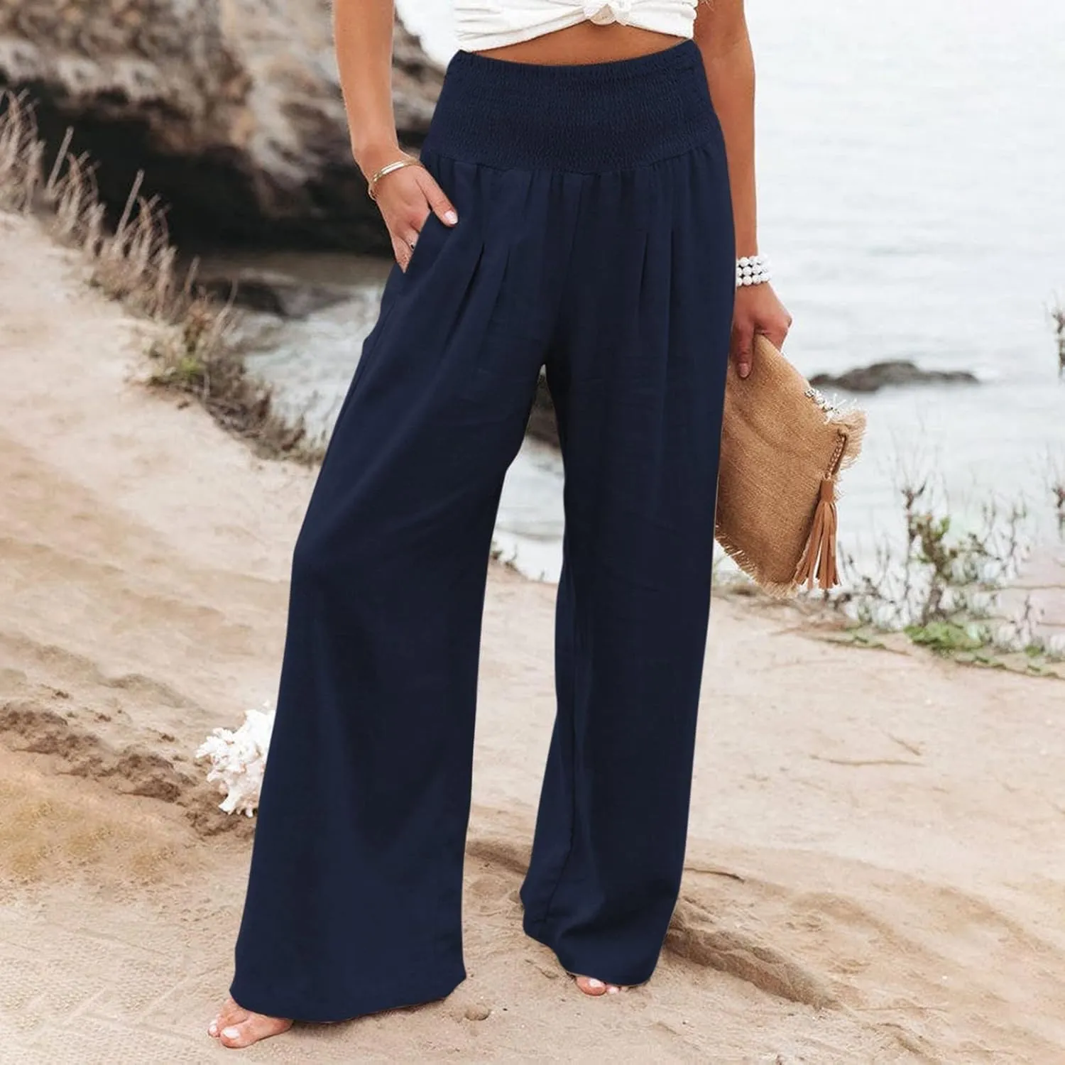 Linen Pants for Women 2023 Trendy High Waist Solid Wide Leg Pants Summer Beach Sport Fit Trousers with Pockets