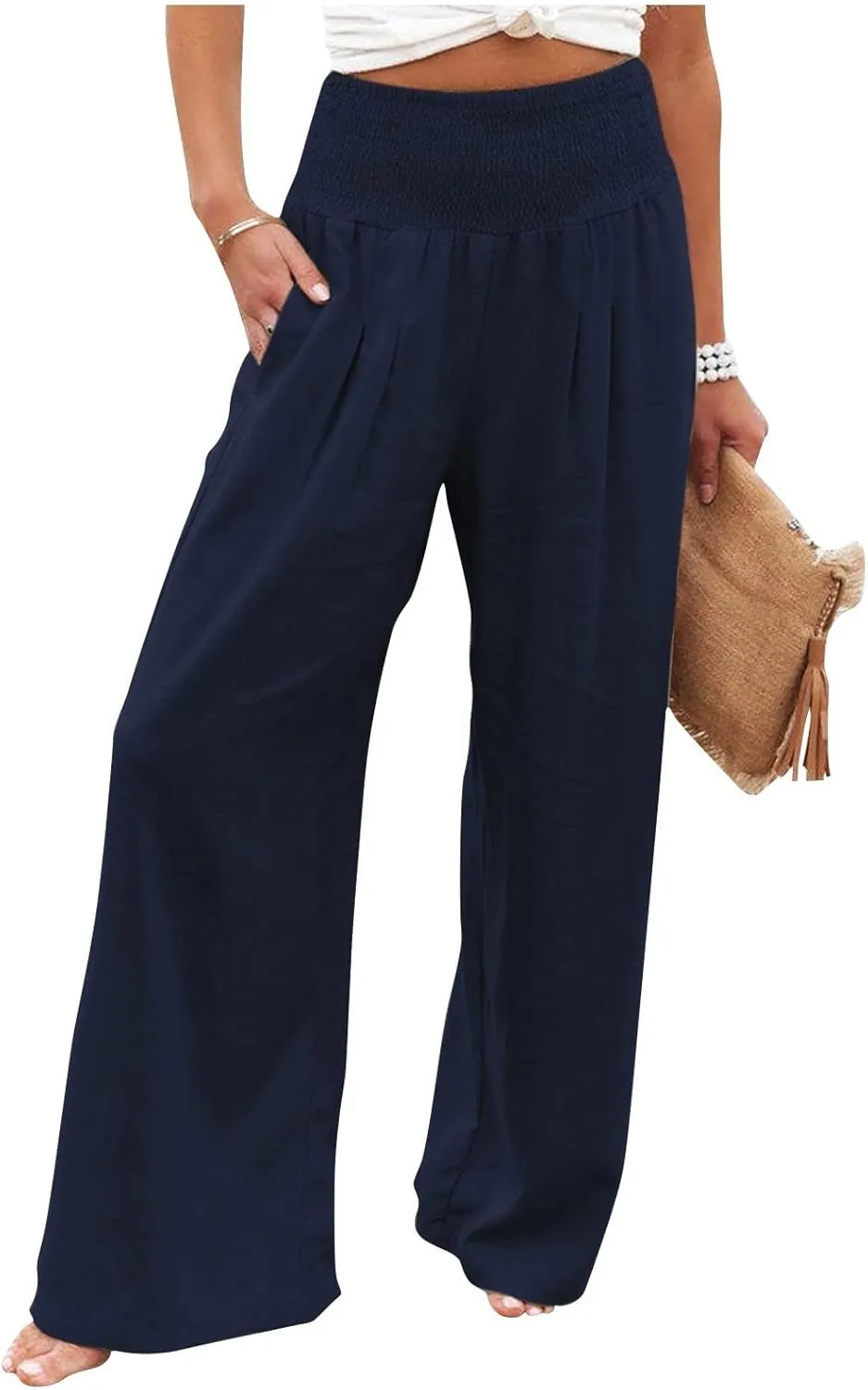 Linen Pants for Women 2023 Trendy High Waist Solid Wide Leg Pants Summer Beach Sport Fit Trousers with Pockets