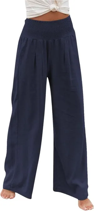 Linen Pants for Women 2023 Trendy High Waist Solid Wide Leg Pants Summer Beach Sport Fit Trousers with Pockets