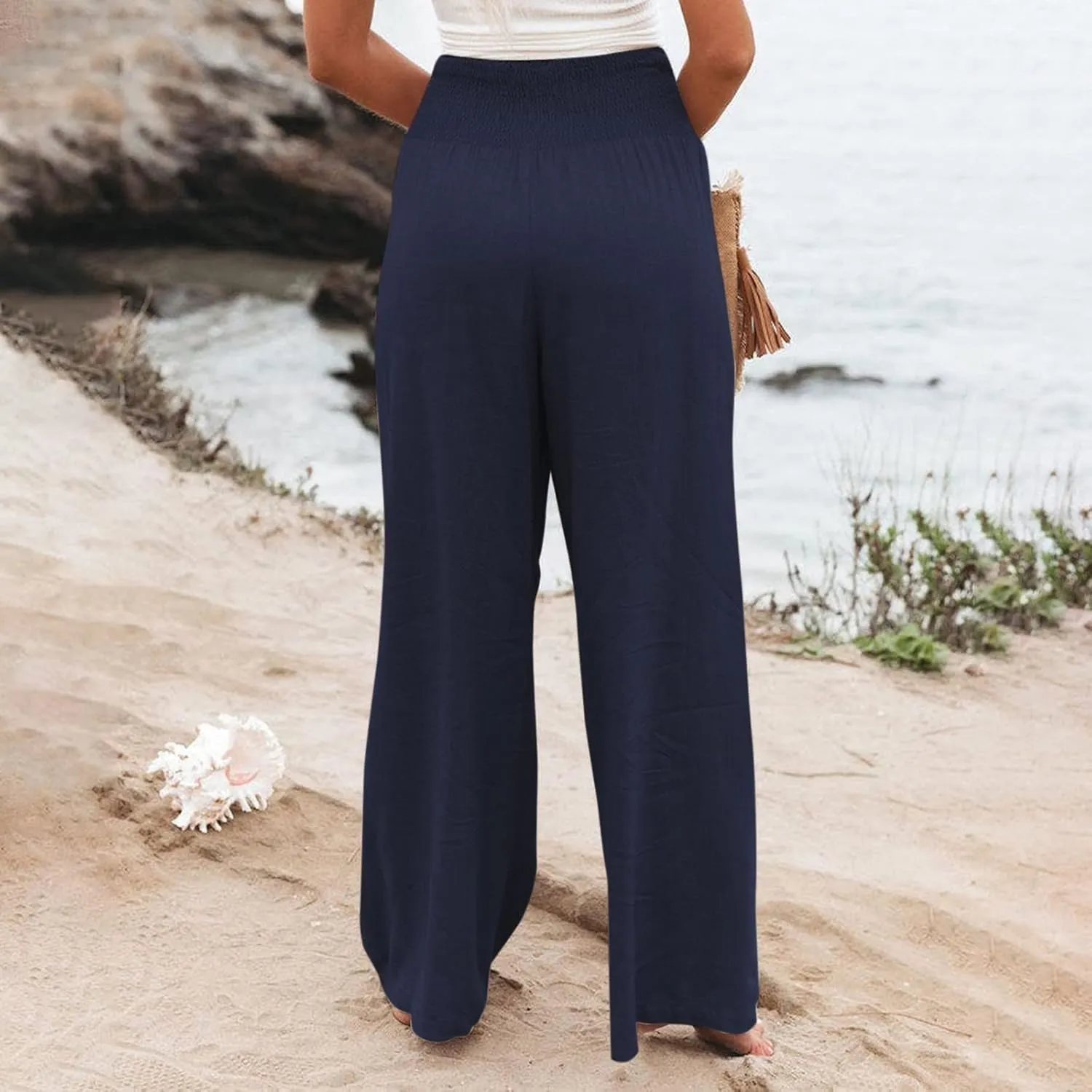 Linen Pants for Women 2023 Trendy High Waist Solid Wide Leg Pants Summer Beach Sport Fit Trousers with Pockets