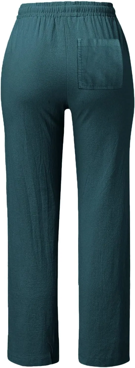 Linen Pants for Women Casual 2024 Summer Drawstring Elastic High Waist Palazzo Pants Straight Wide Leg Lounge