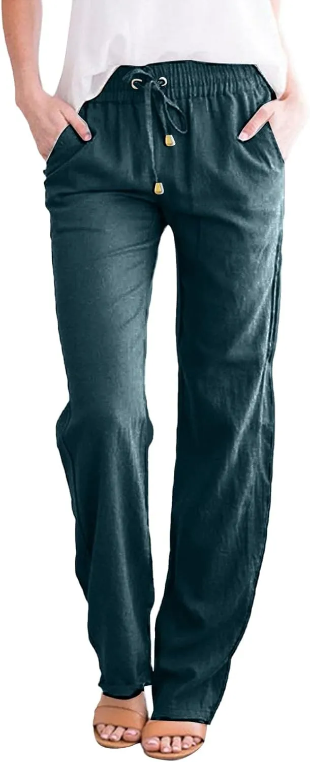 Linen Pants for Women Casual 2024 Summer Drawstring Elastic High Waist Palazzo Pants Straight Wide Leg Lounge