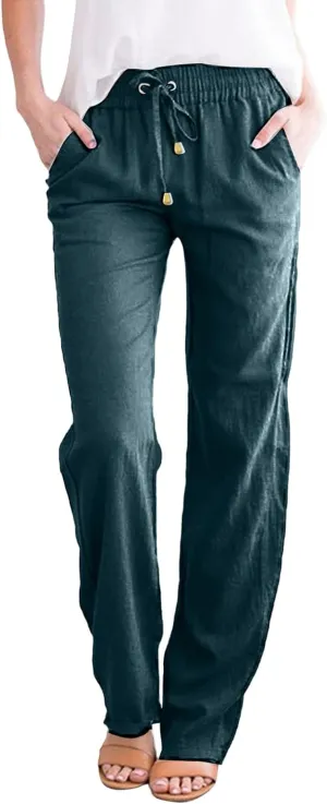Linen Pants for Women Casual 2024 Summer Drawstring Elastic High Waist Palazzo Pants Straight Wide Leg Lounge