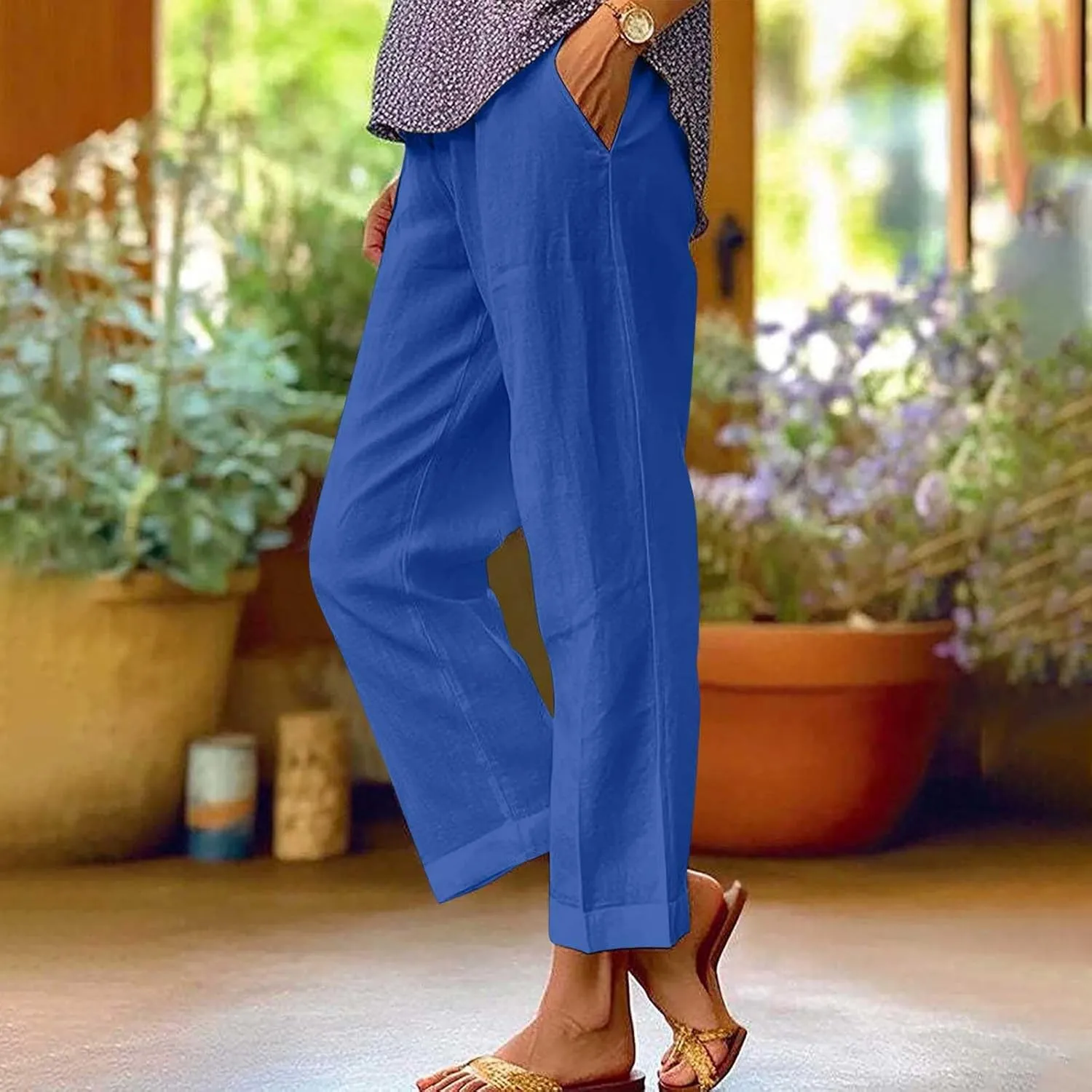 Linen Pants for Women Elastic High Waist Summer Capri Pants Straight Leg Loose Casual Cropped Trousers with Pockets