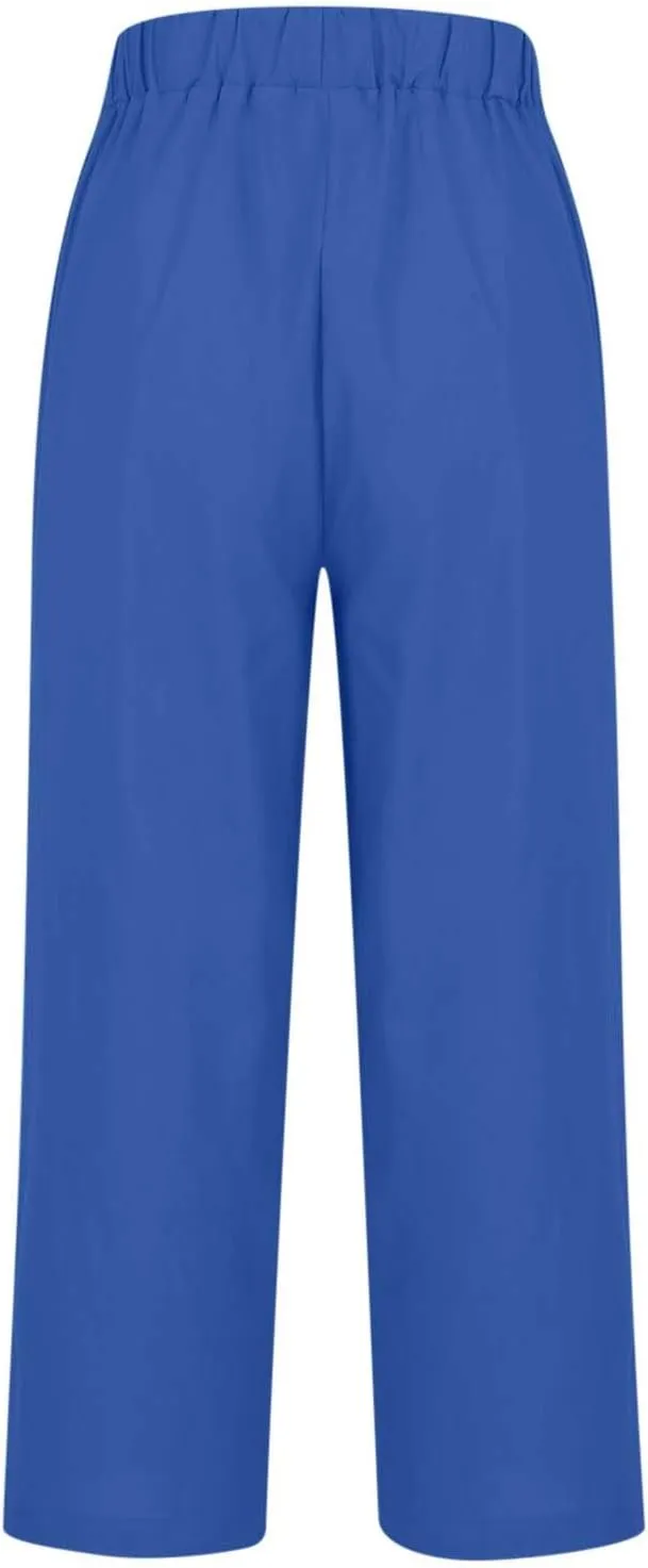 Linen Pants for Women Elastic High Waist Summer Capri Pants Straight Leg Loose Casual Cropped Trousers with Pockets