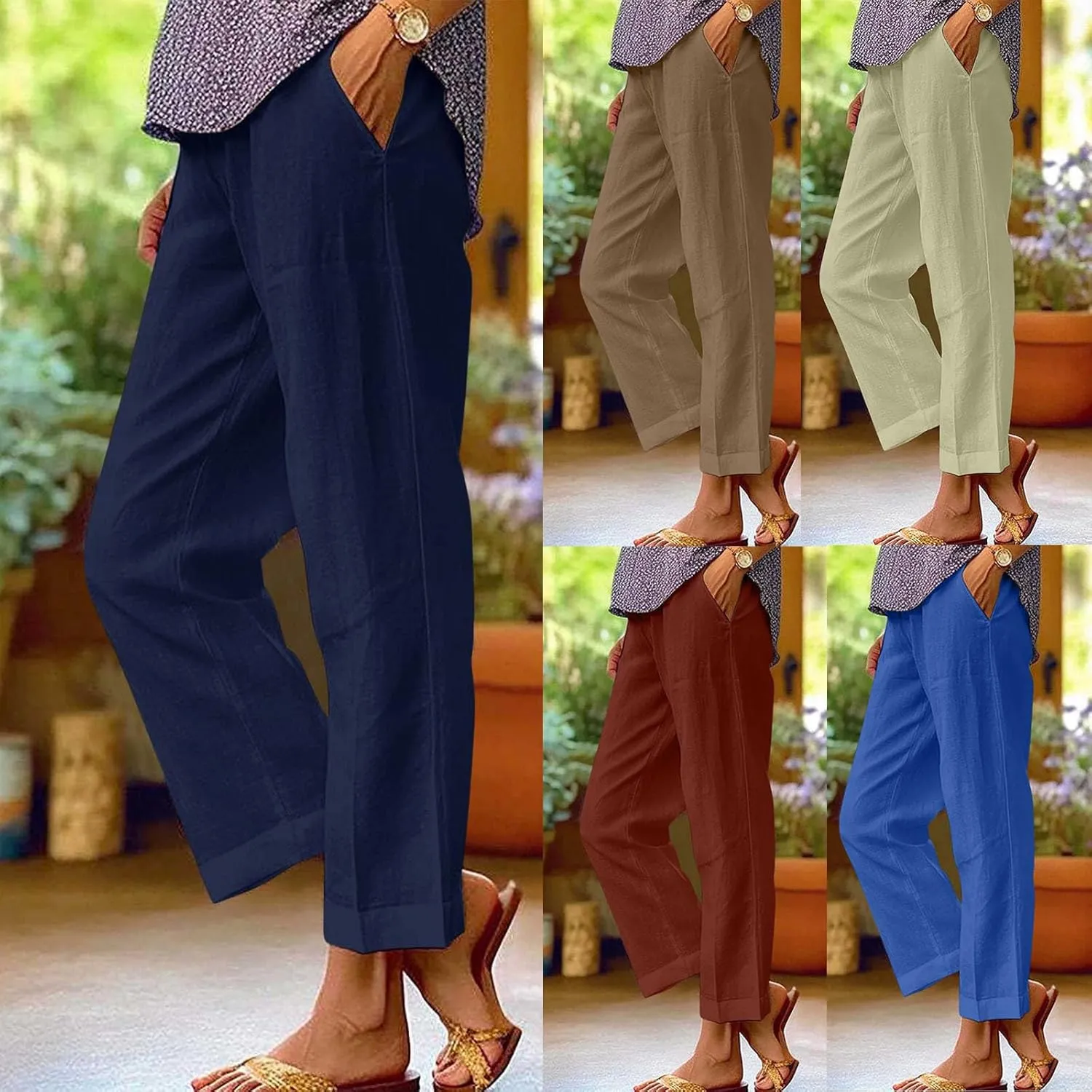 Linen Pants for Women Elastic High Waist Summer Capri Pants Straight Leg Loose Casual Cropped Trousers with Pockets
