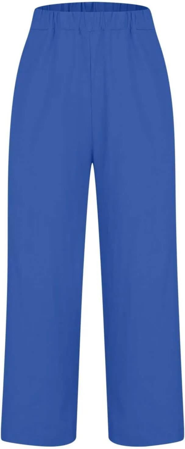 Linen Pants for Women Elastic High Waist Summer Capri Pants Straight Leg Loose Casual Cropped Trousers with Pockets