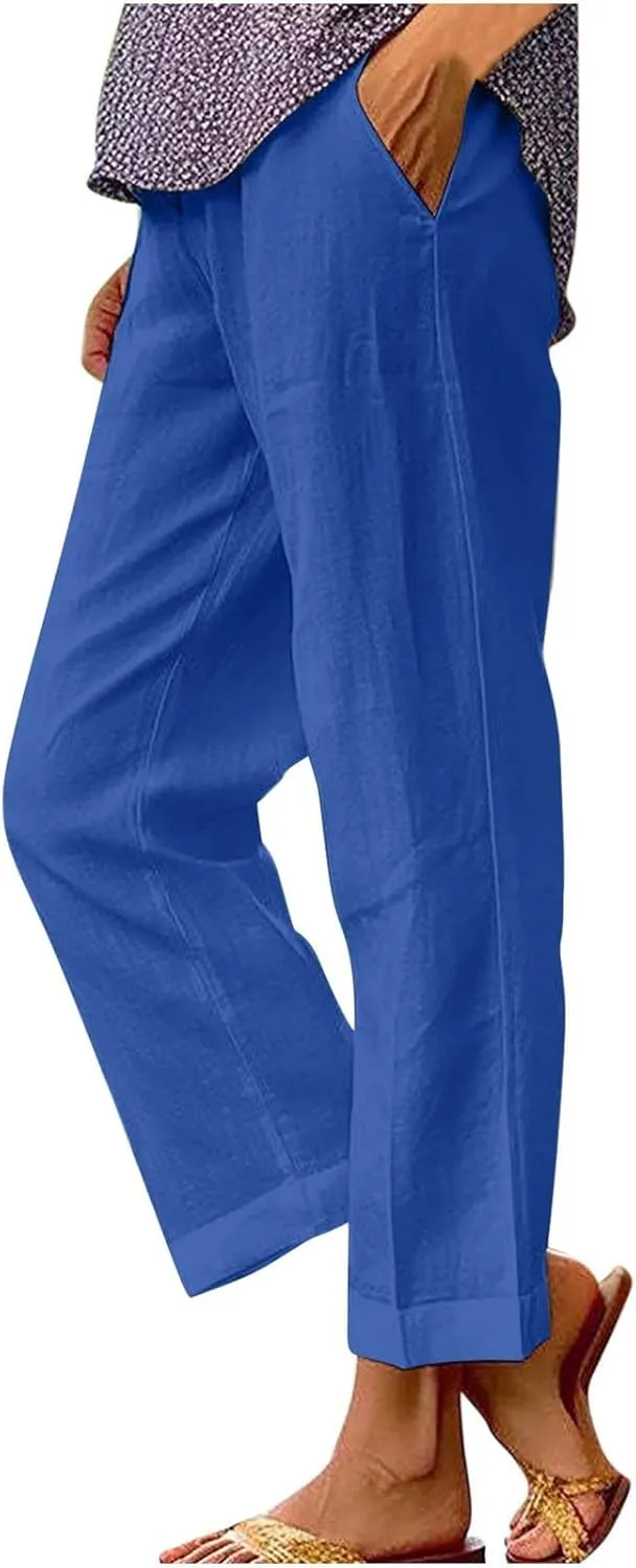 Linen Pants for Women Elastic High Waist Summer Capri Pants Straight Leg Loose Casual Cropped Trousers with Pockets