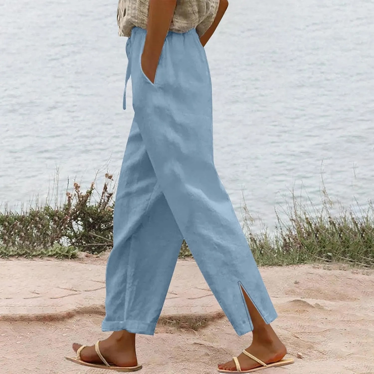 Linen Pants for Women Summer High Waist Elastic Straight Leg Lounge Pant 2025 Casual Loose Lightweight Beach Trousers