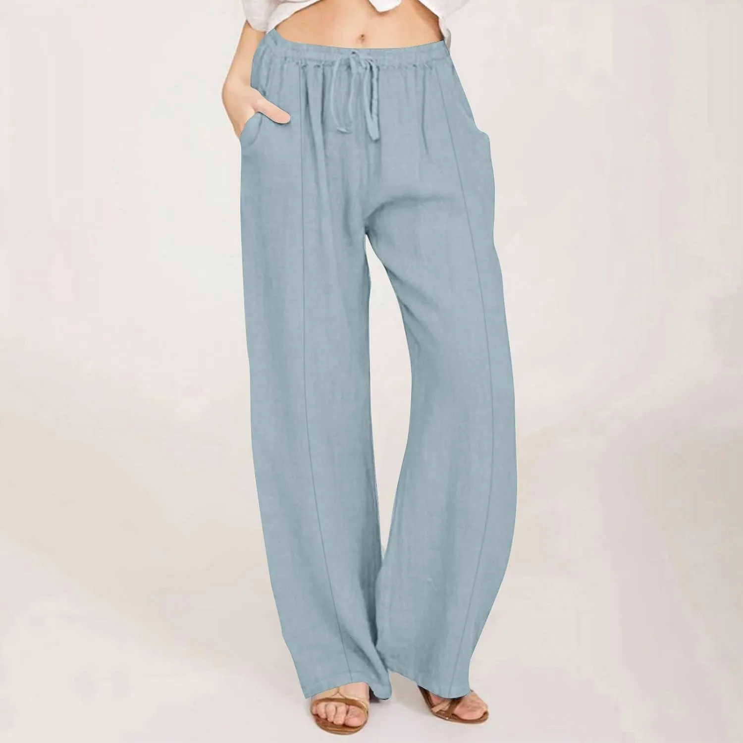 Linen Pants for Women Summer Solid Elastic Waist Wide Leg Loose Casual Vacation Beach Palazzo Pants with Pockets