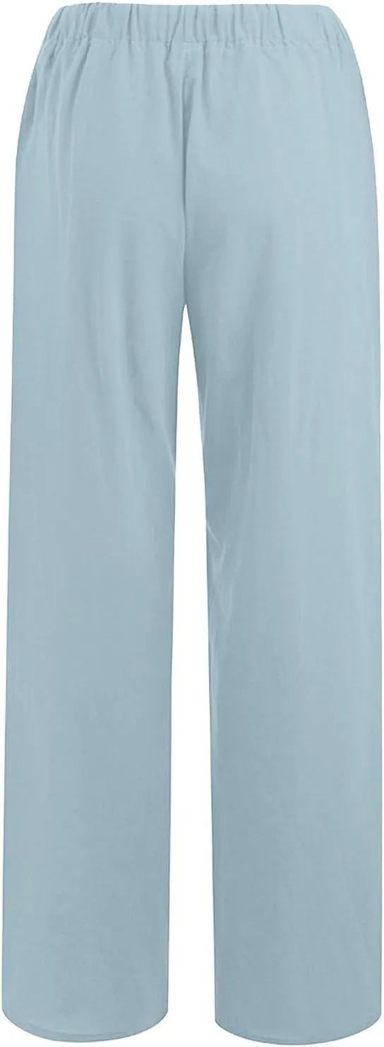 Linen Pants for Women Summer Solid Elastic Waist Wide Leg Loose Casual Vacation Beach Palazzo Pants with Pockets