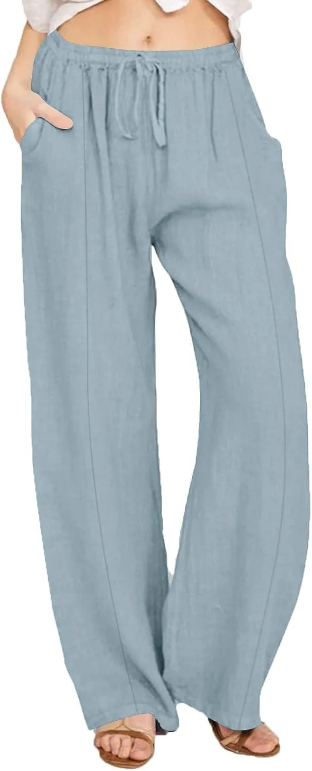 Linen Pants for Women Summer Solid Elastic Waist Wide Leg Loose Casual Vacation Beach Palazzo Pants with Pockets