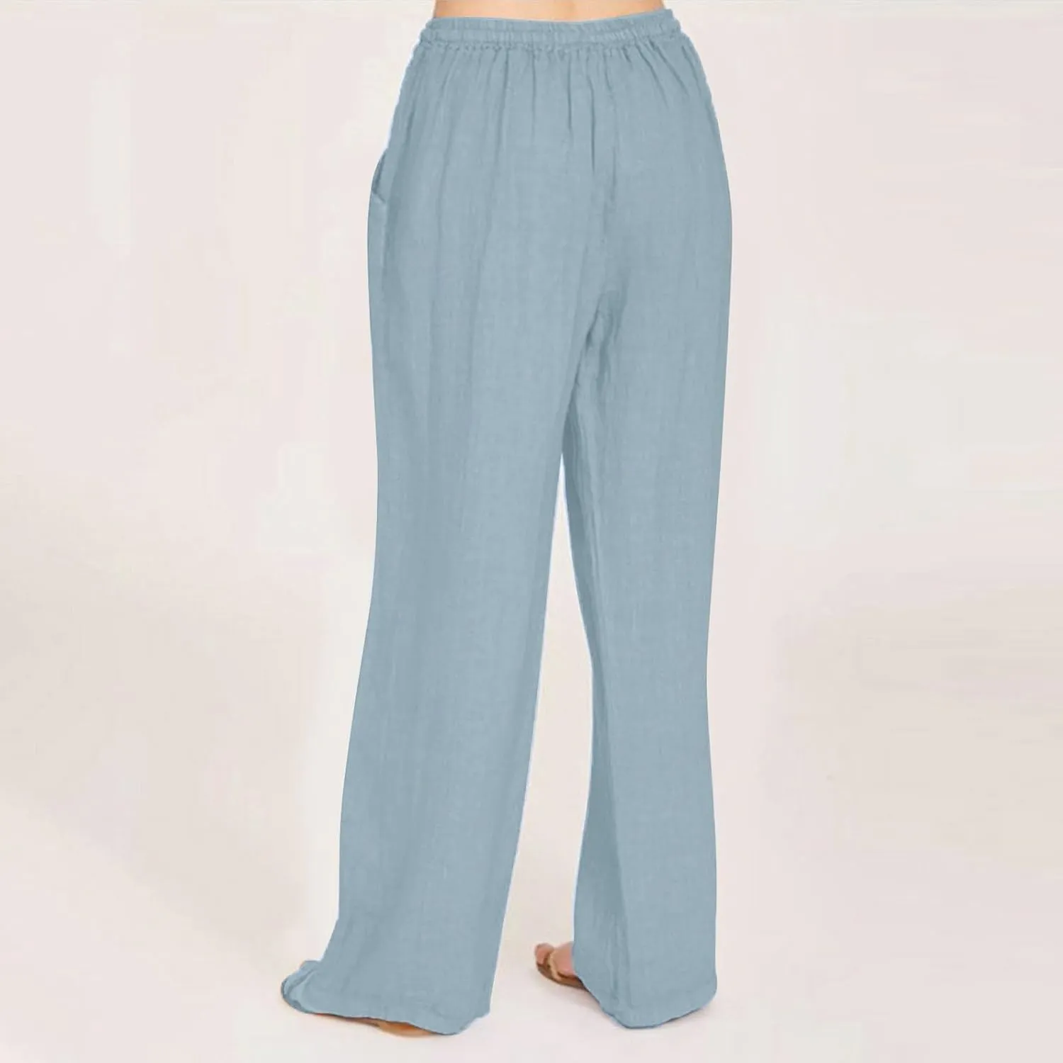 Linen Pants for Women Summer Solid Elastic Waist Wide Leg Loose Casual Vacation Beach Palazzo Pants with Pockets