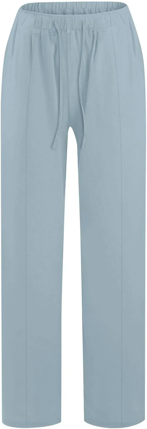 Linen Pants for Women Summer Solid Elastic Waist Wide Leg Loose Casual Vacation Beach Palazzo Pants with Pockets