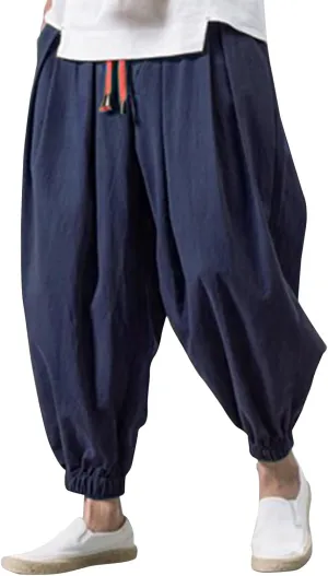 Linen Pants Men Drawstring Waist Elastic Bottom Lounge Pants 2025 Summer Loose Fit Boho Harem Pants Hippie Clothes