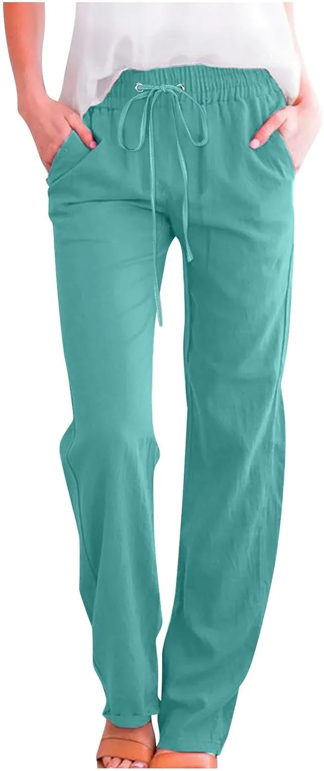 Linen Pants Women 2025 Summer Boho Straight Leg Pants Trendy Drawstring Cinch Bottom Trousers with Pockets