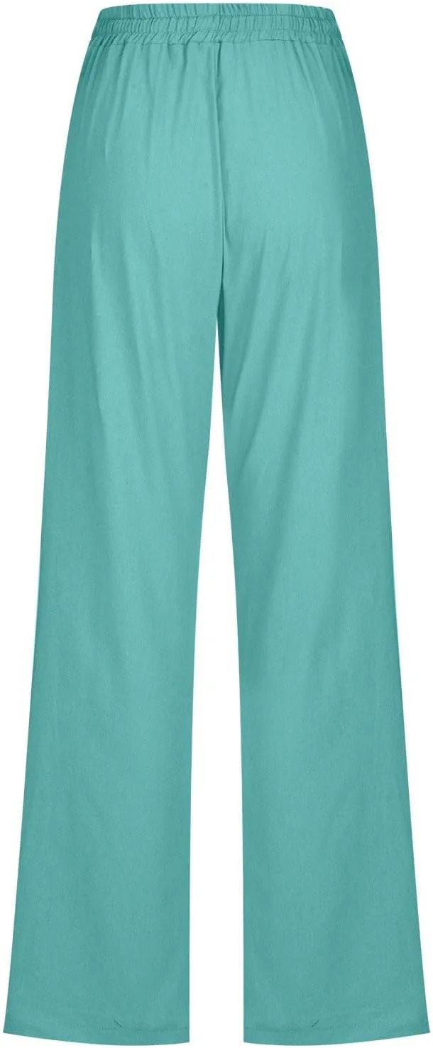 Linen Pants Women 2025 Summer Boho Straight Leg Pants Trendy Drawstring Cinch Bottom Trousers with Pockets