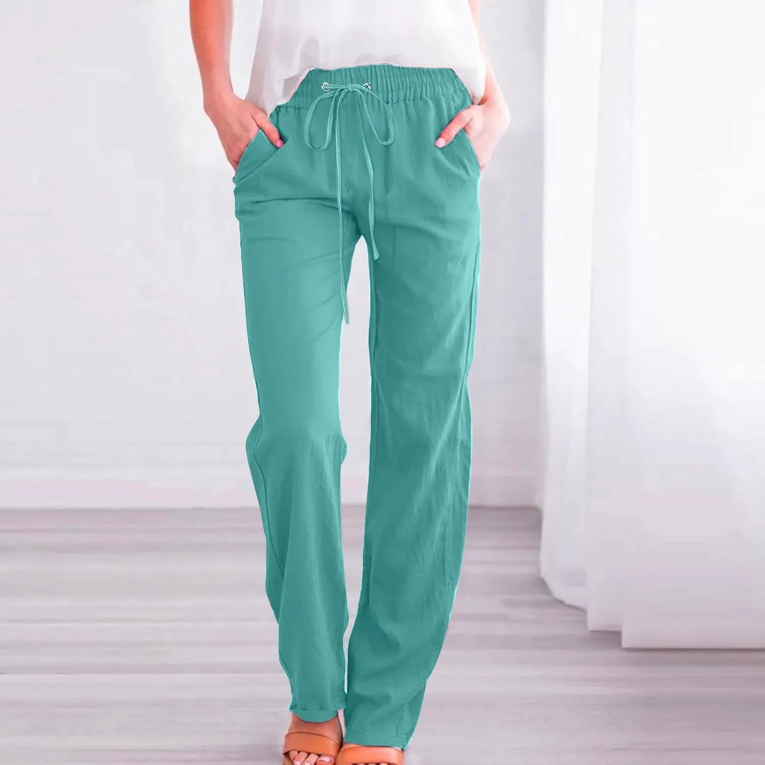 Linen Pants Women 2025 Summer Boho Straight Leg Pants Trendy Drawstring Cinch Bottom Trousers with Pockets