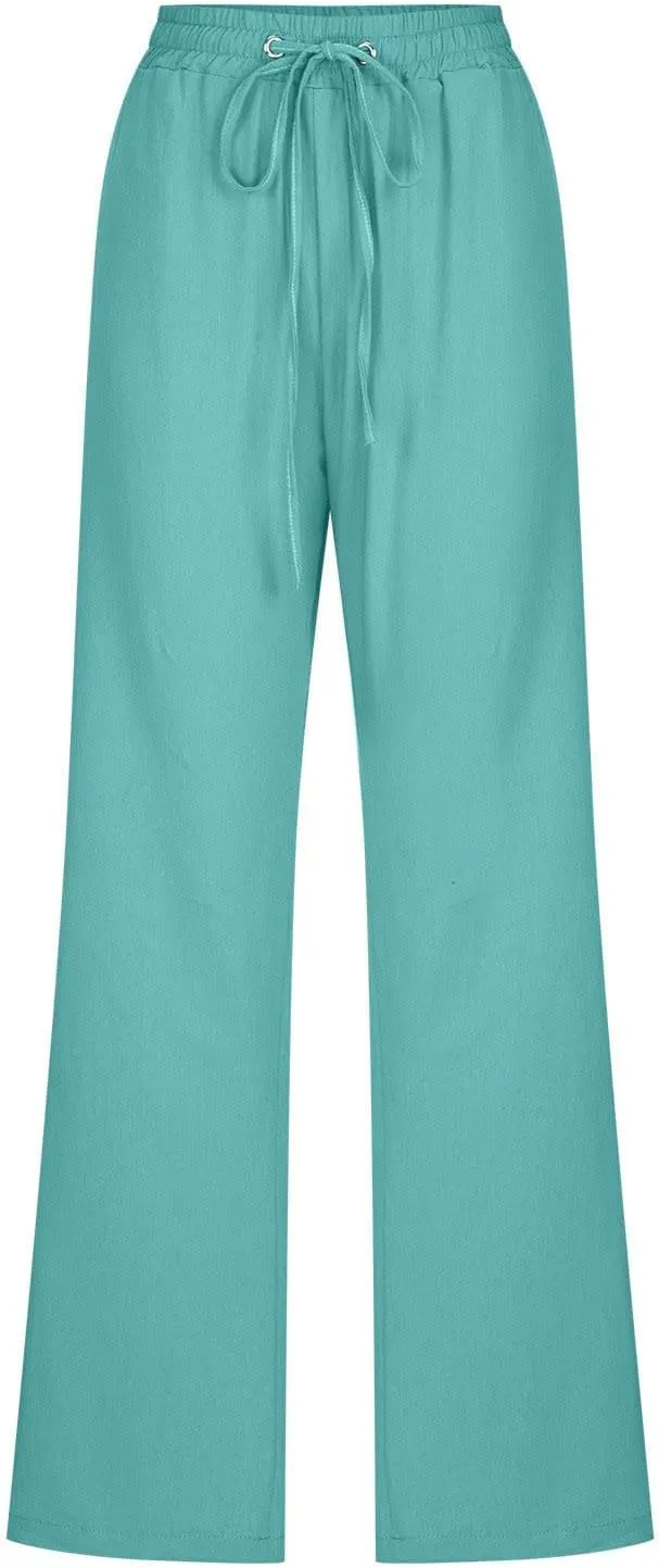 Linen Pants Women 2025 Summer Boho Straight Leg Pants Trendy Drawstring Cinch Bottom Trousers with Pockets