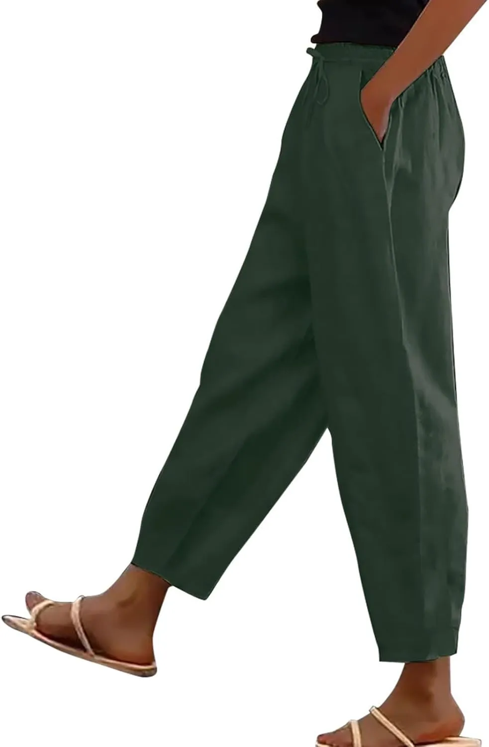 Linen Pants Women Summer Cotton Linen Capri Pants Casual Cropped Trouser sTapered Leg Sweatpants Loose Beach Pants