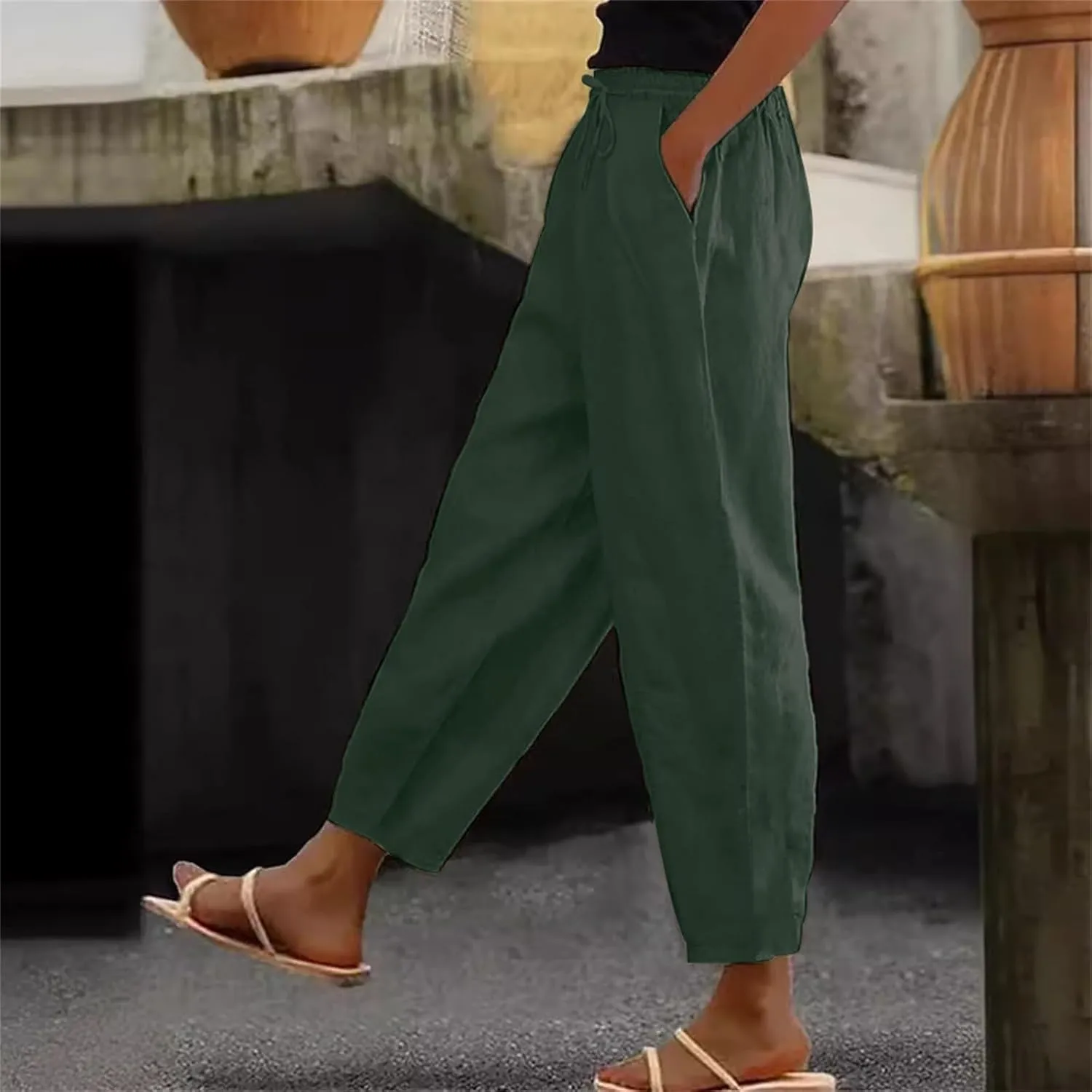 Linen Pants Women Summer Cotton Linen Capri Pants Casual Cropped Trouser sTapered Leg Sweatpants Loose Beach Pants