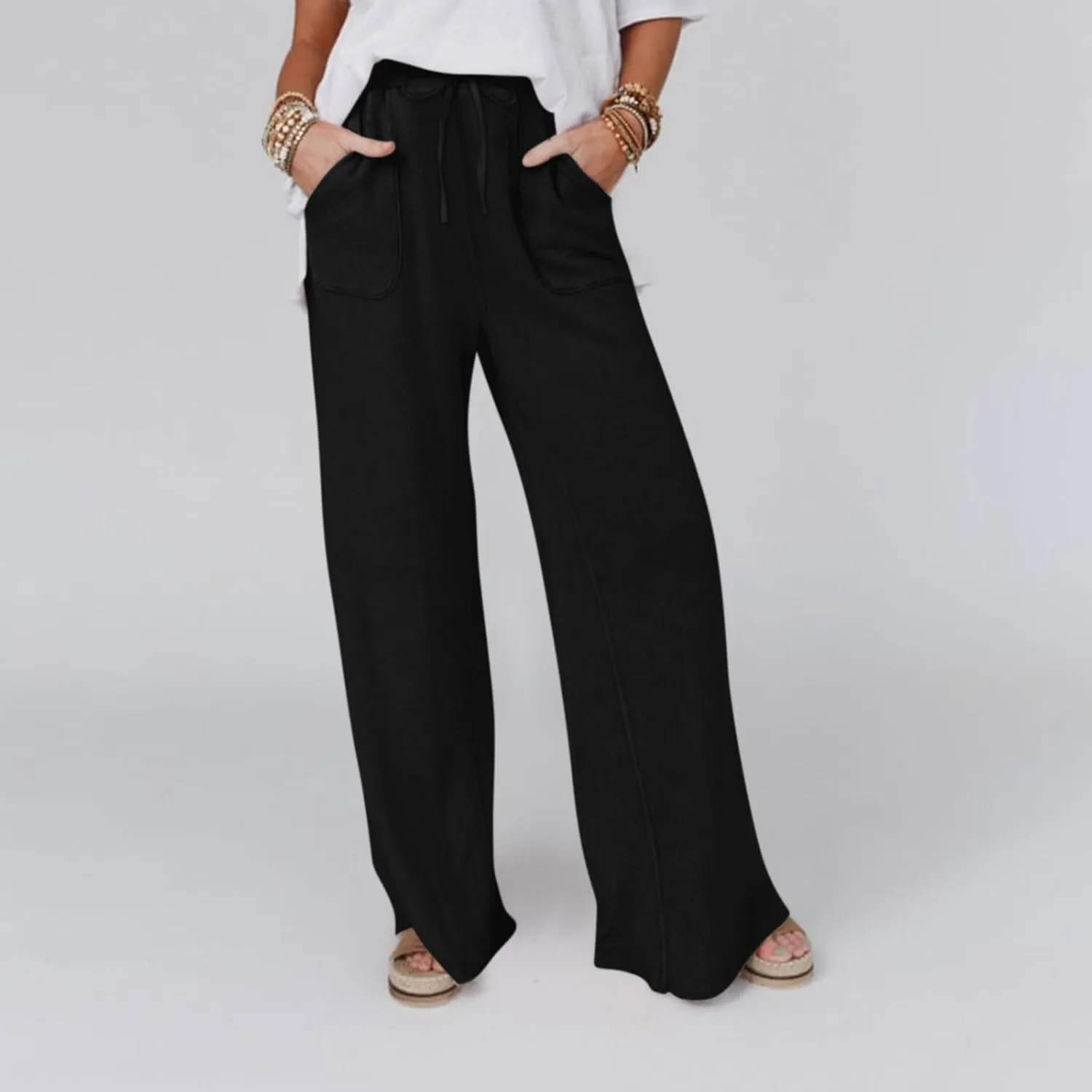 Linen Pants Women Summer Elastic High Waisted Wide Leg Pants Drawstring Lightweight Summer Pants Boho Beach Trousers