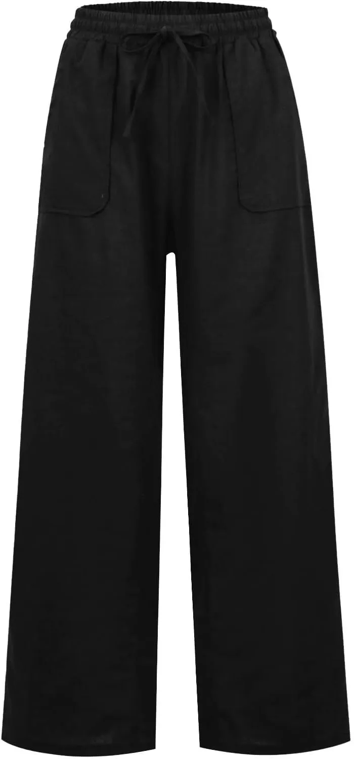 Linen Pants Women Summer Elastic High Waisted Wide Leg Pants Drawstring Lightweight Summer Pants Boho Beach Trousers