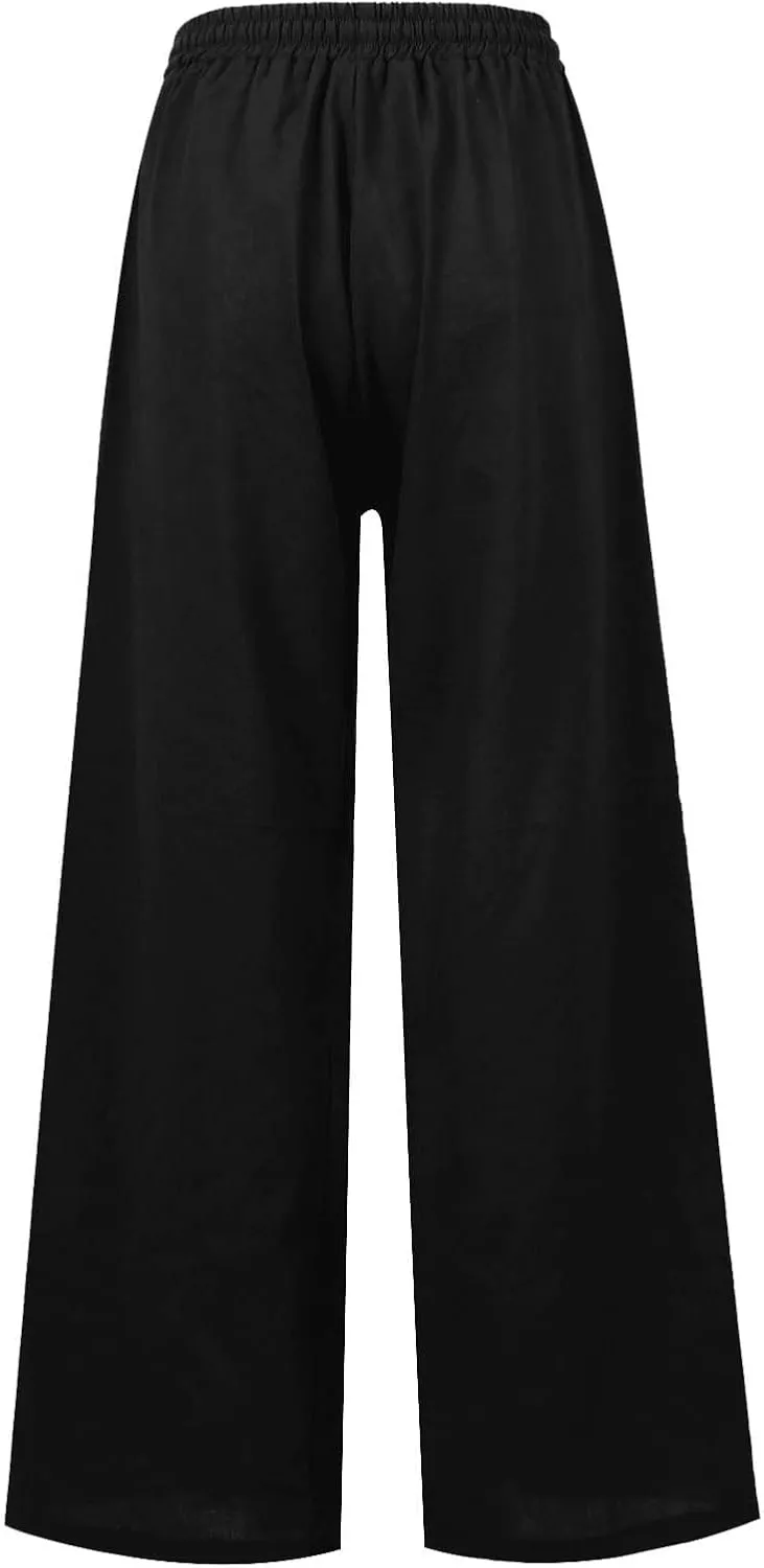 Linen Pants Women Summer Elastic High Waisted Wide Leg Pants Drawstring Lightweight Summer Pants Boho Beach Trousers