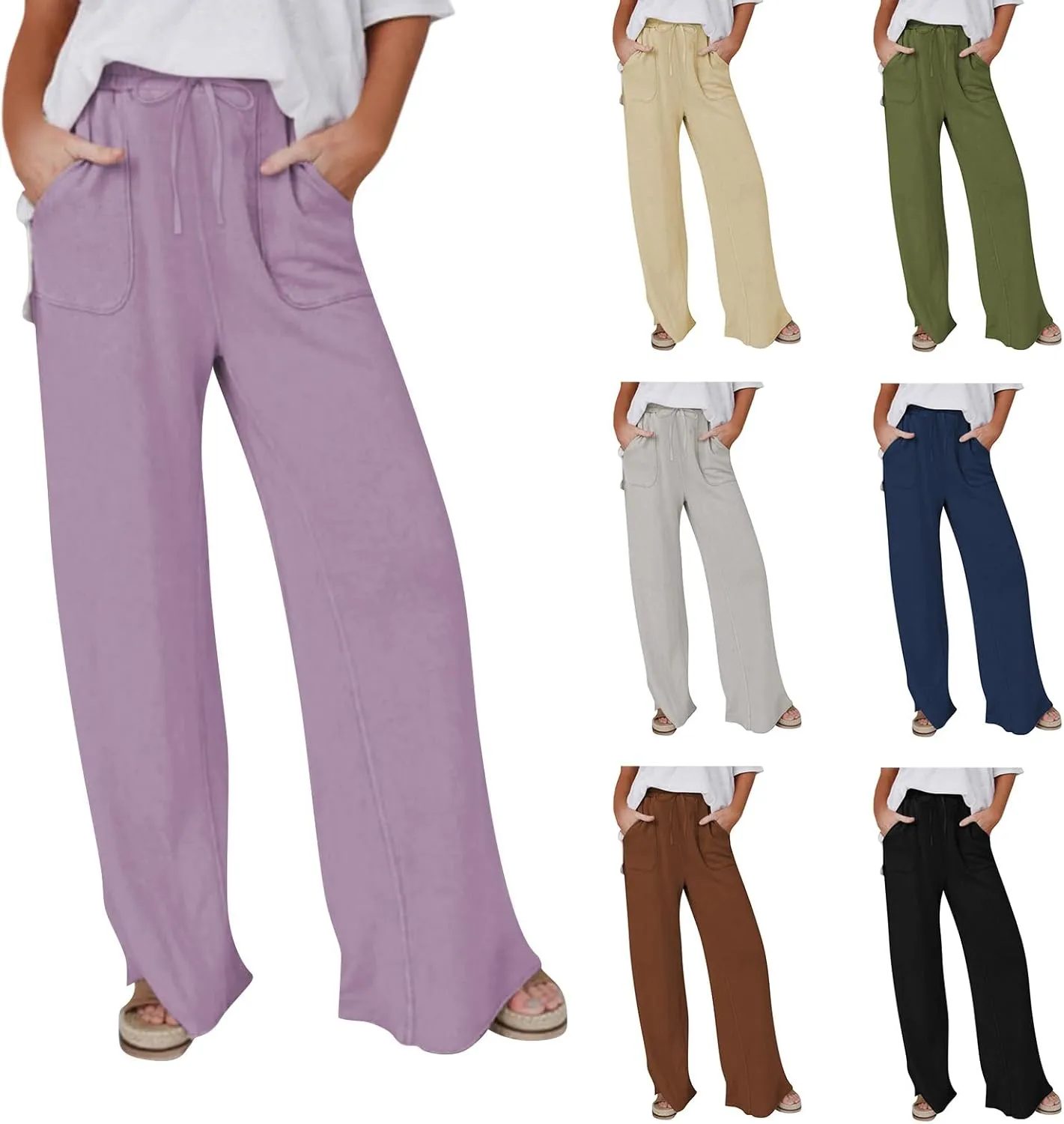Linen Pants Women Summer Elastic High Waisted Wide Leg Pants Drawstring Lightweight Summer Pants Boho Beach Trousers