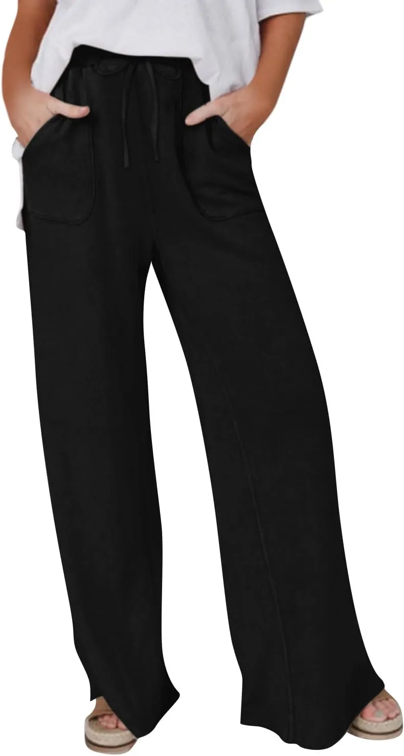 Linen Pants Women Summer Elastic High Waisted Wide Leg Pants Drawstring Lightweight Summer Pants Boho Beach Trousers