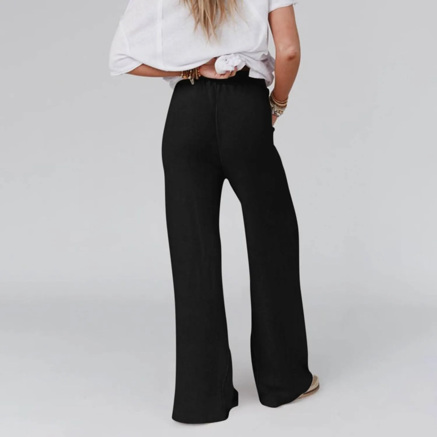Linen Pants Women Summer Elastic High Waisted Wide Leg Pants Drawstring Lightweight Summer Pants Boho Beach Trousers