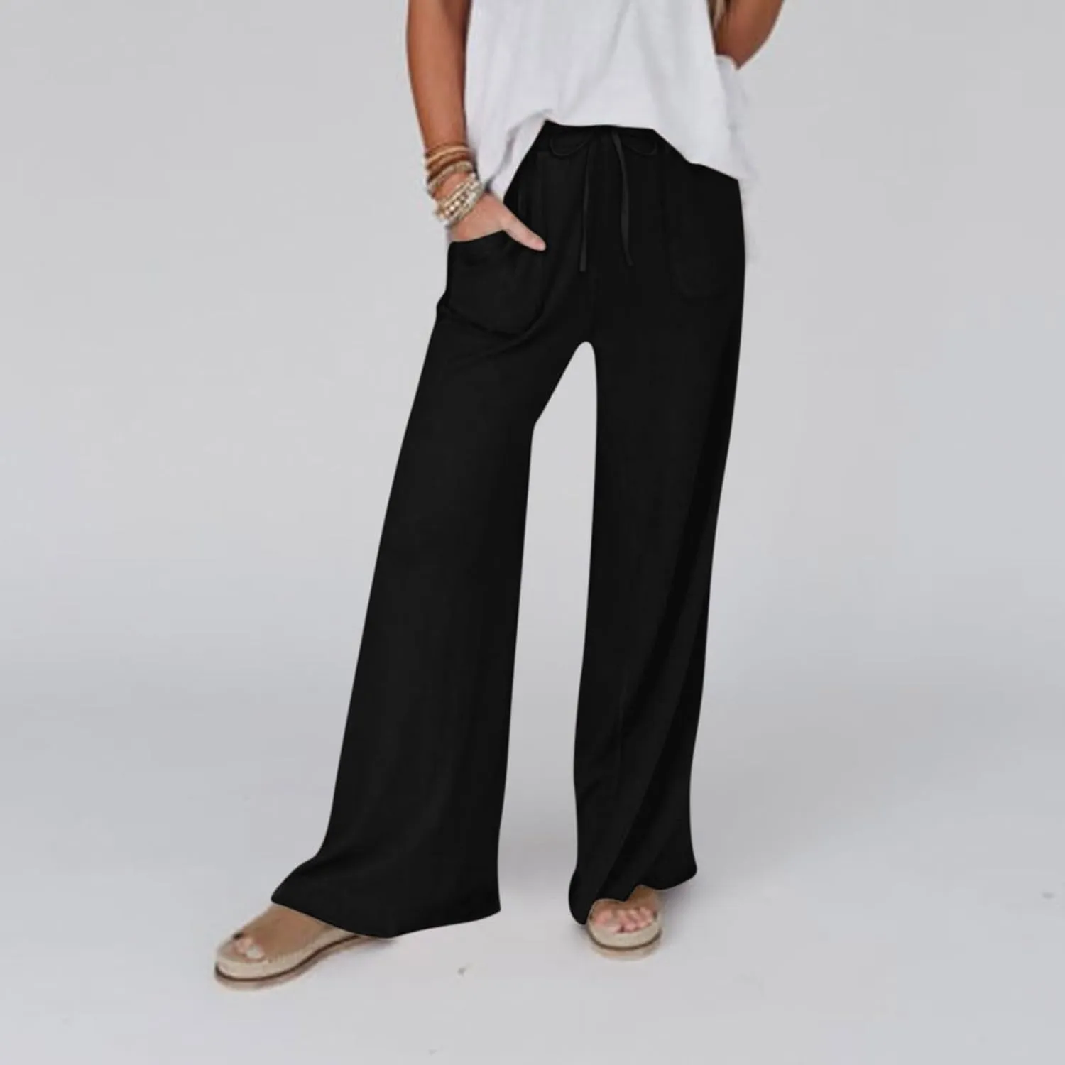 Linen Pants Women Summer Elastic High Waisted Wide Leg Pants Drawstring Lightweight Summer Pants Boho Beach Trousers