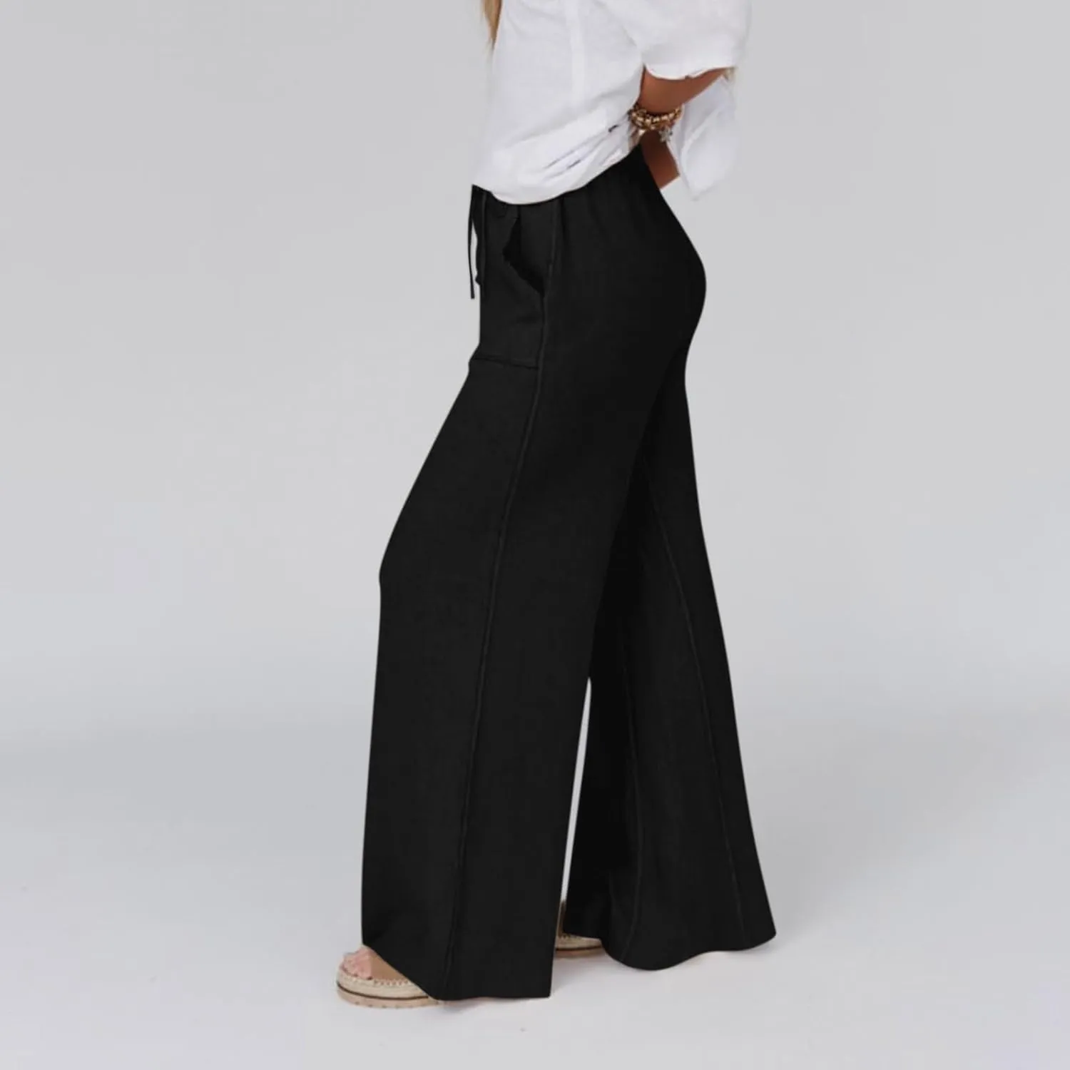 Linen Pants Women Summer Elastic High Waisted Wide Leg Pants Drawstring Lightweight Summer Pants Boho Beach Trousers