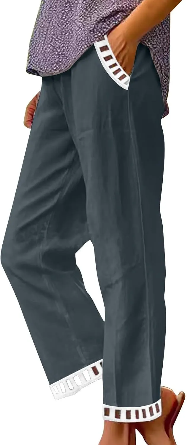 Linen Pants Women Summer Lounge Pant Elastic High Waist Pants Casual Lightweight Capris Trouser Straight Leg Slacks