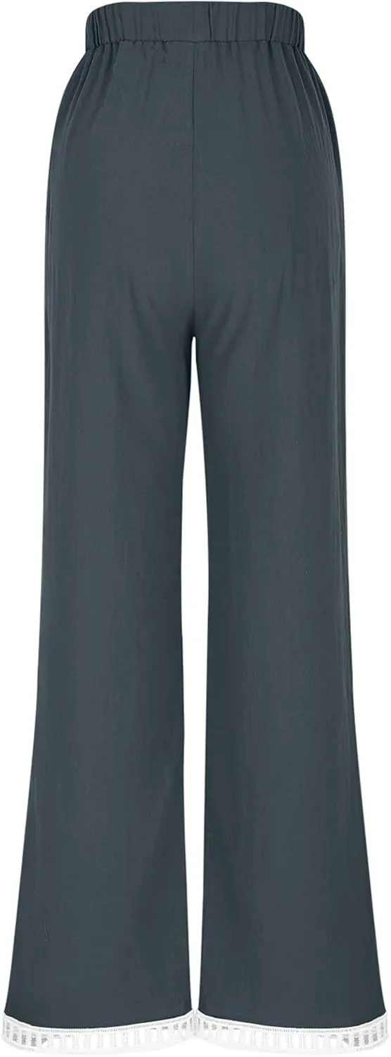 Linen Pants Women Summer Lounge Pant Elastic High Waist Pants Casual Lightweight Capris Trouser Straight Leg Slacks