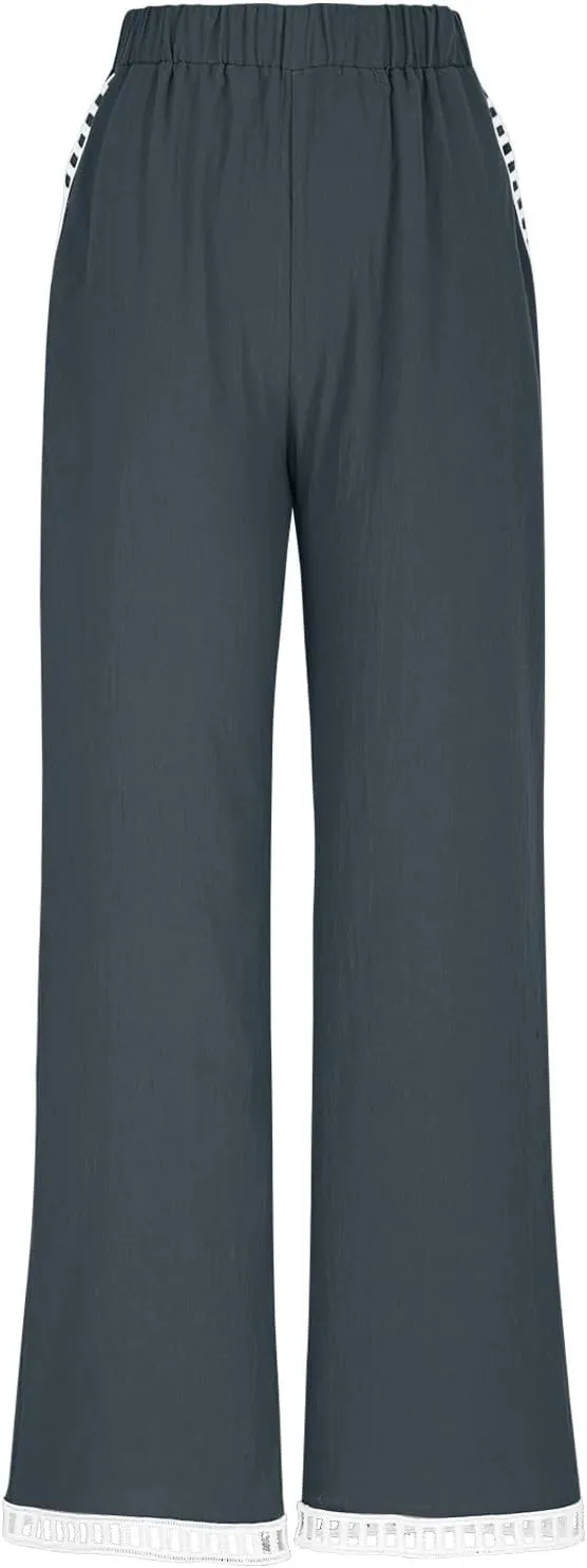 Linen Pants Women Summer Lounge Pant Elastic High Waist Pants Casual Lightweight Capris Trouser Straight Leg Slacks